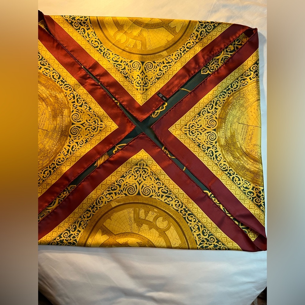 Vintage Gianfranco Ferre Silk Scarf Golden Astronomy Calendar hand rolled 34x34 - Picture 9 of 10